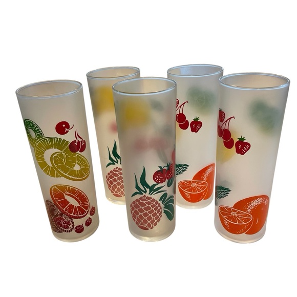 Vtg MCM Federal Glass Frosted Fruit Tumblers High Ball Tom Collin’s Set Of 5 - Picture 1 of 11